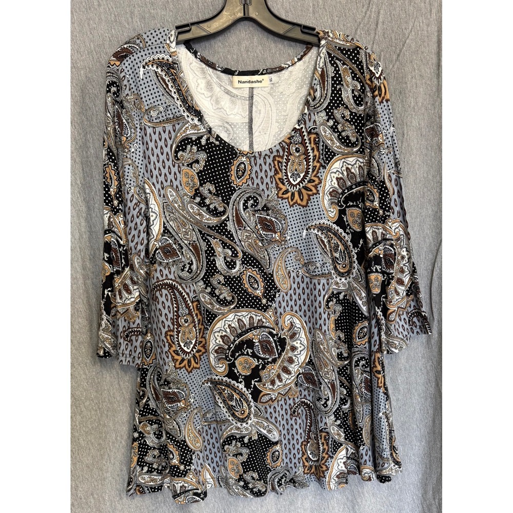 Nandashe XL Tunic Top Womens Grey Black Paisley 3/4 Sleeve Boho Tunic